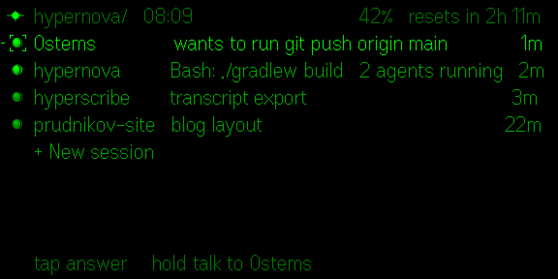 The glance on the G2 in the glasses' own font: hypernova/ and the time, 42% resets in 2h 11m in the corner, one line per session with its project, what it does and its age