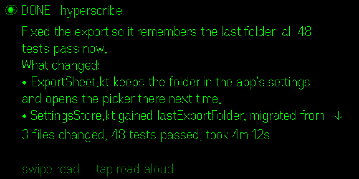 A result card on the G2: the reply scrolls, with what changed and the tests