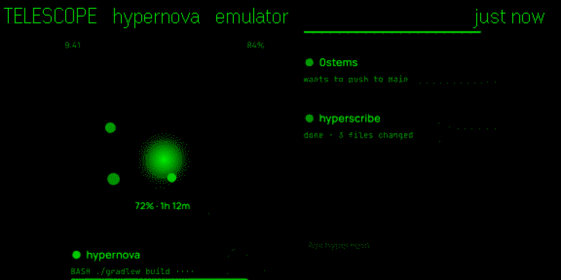 Telescope on the G2: the page the agent built, dithered across the lens