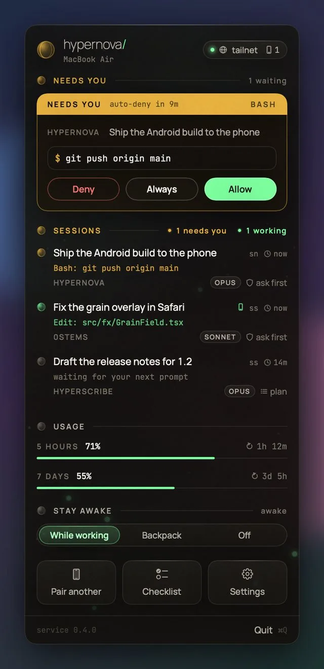 The Mac popover: an approval with Deny, Always and Allow, sessions with their model and mode, projection meters for the 5-hour and weekly usage, Stay awake