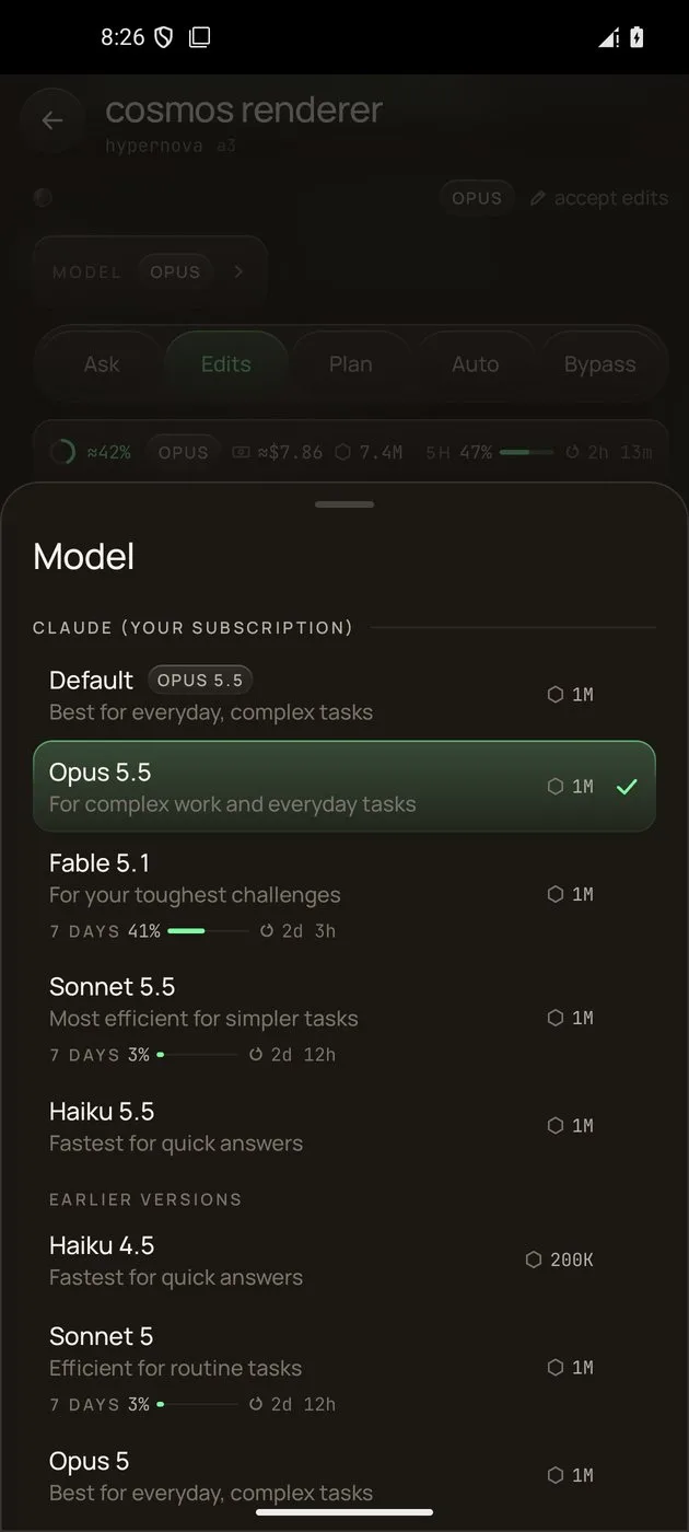 The model picker in a session: every model the provider offers, with each one's own weekly use