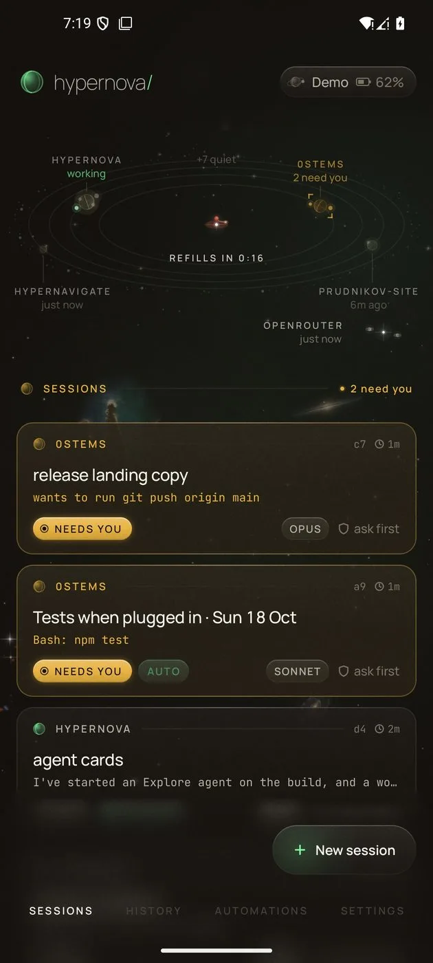 The sky at the 5-hour limit: the disk is spent, a countdown says when it refills